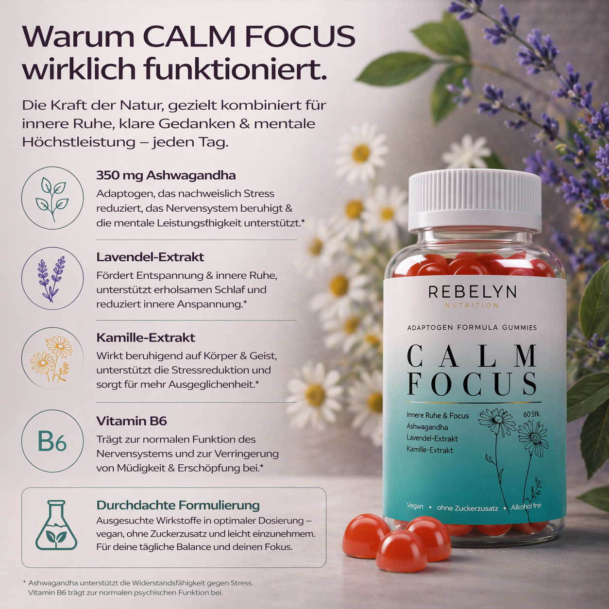 Calm Focus Ashwagandha Komplex, Vitamin B6 Gummies – 60 Stück